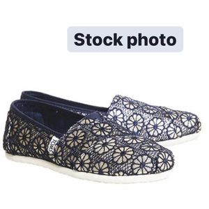 TOMS navy blue gold crochet shoes